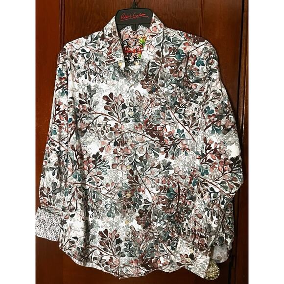 ROBERT GRAHAM GREEN MAROON ON WHITE WATERCOR LEAF SHIRT FLIP CUFFS SIZE M - Picture 2 of 5